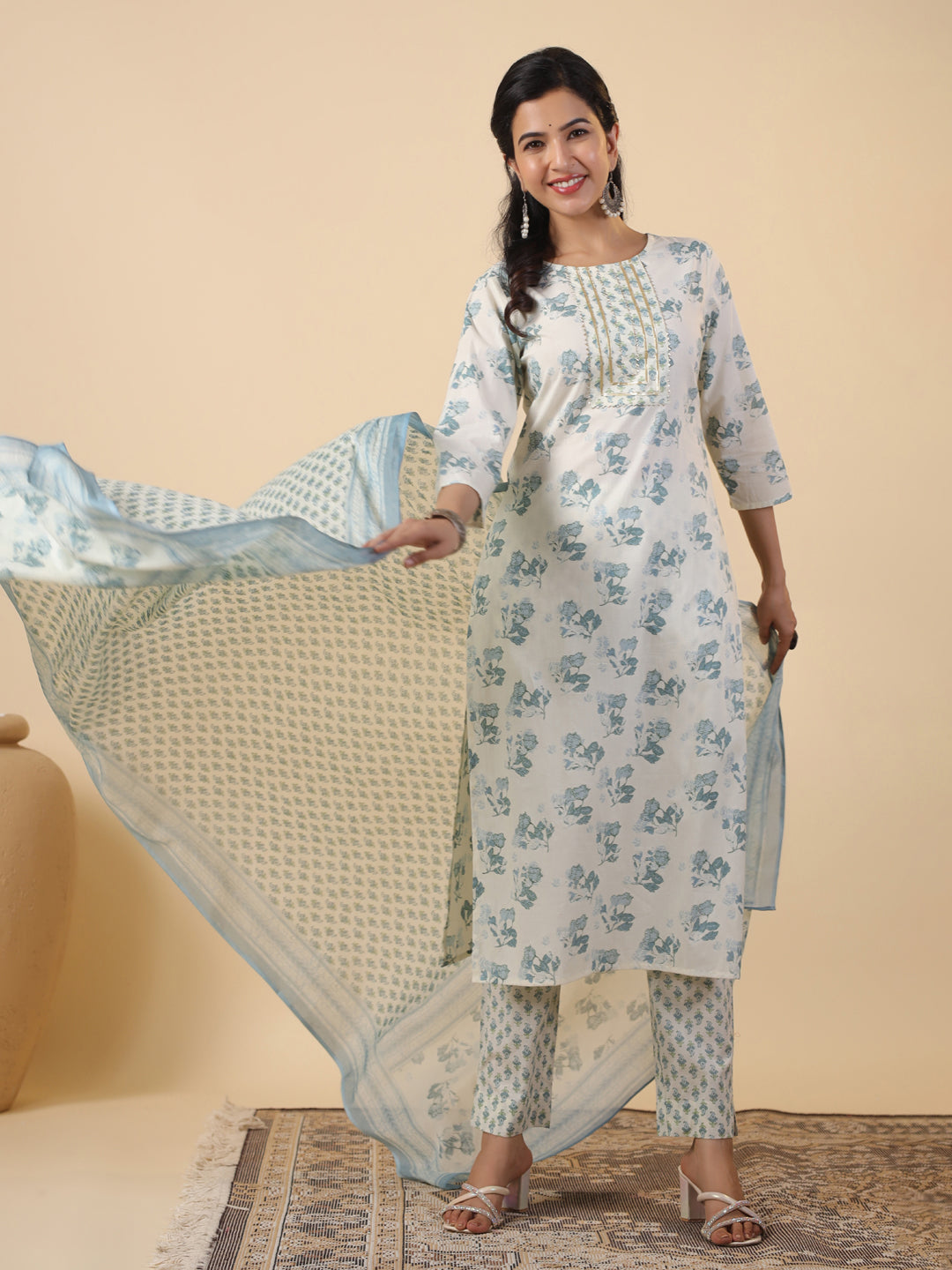 Cream Cotton Floral Straight Kurta Set With Dupatta