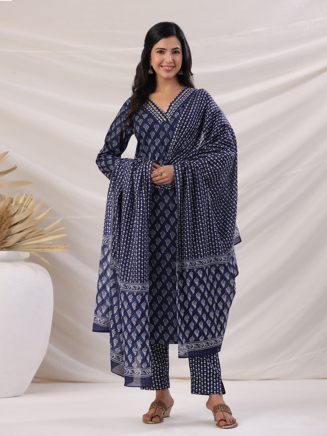 Navy Blue Cotton Ethnic Motif Kurta Set With Dupatta