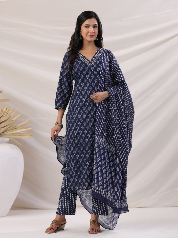 Navy Blue Cotton Ethnic Motif Kurta Set With Dupatta