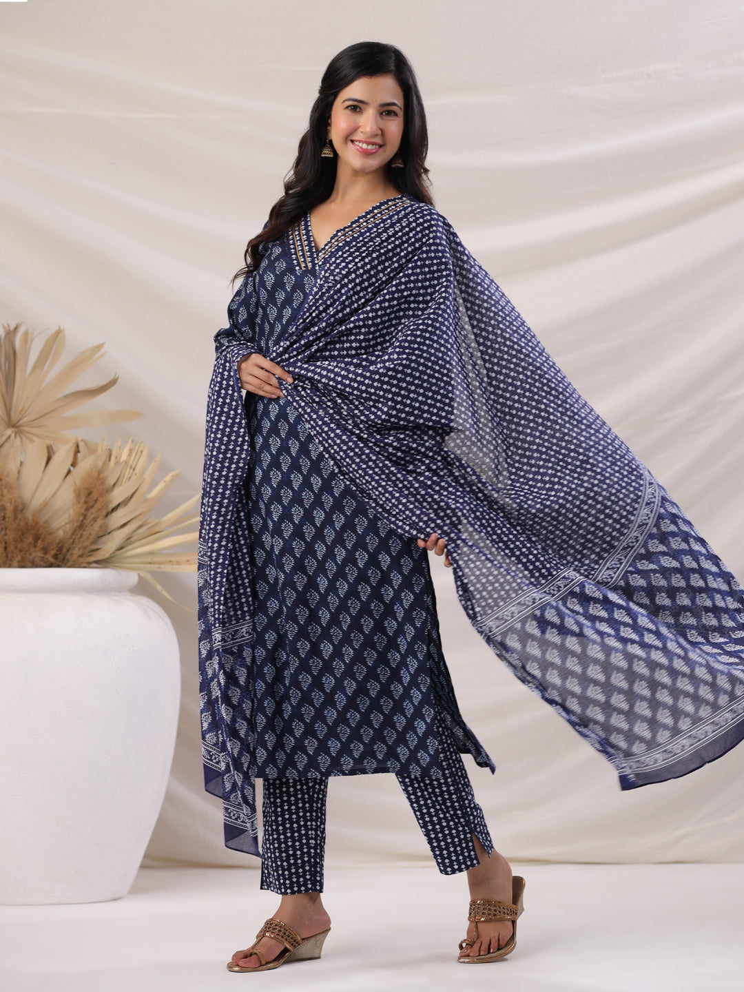 Navy Blue Cotton Ethnic Motif Kurta Set With Dupatta