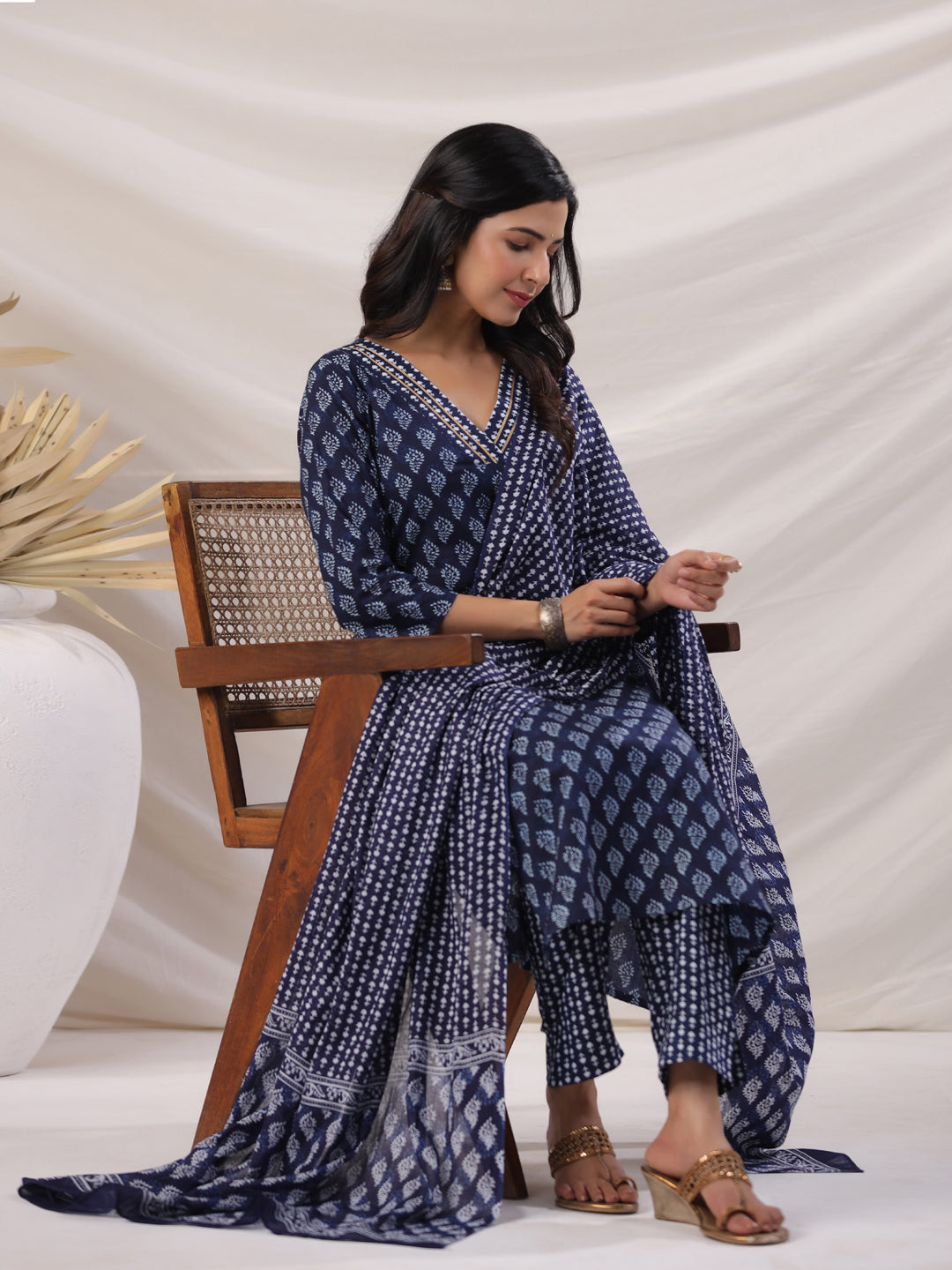 Navy Blue Cotton Ethnic Motif Kurta Set With Dupatta