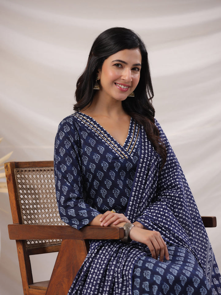 Navy Blue Cotton Ethnic Motif Kurta Set With Dupatta