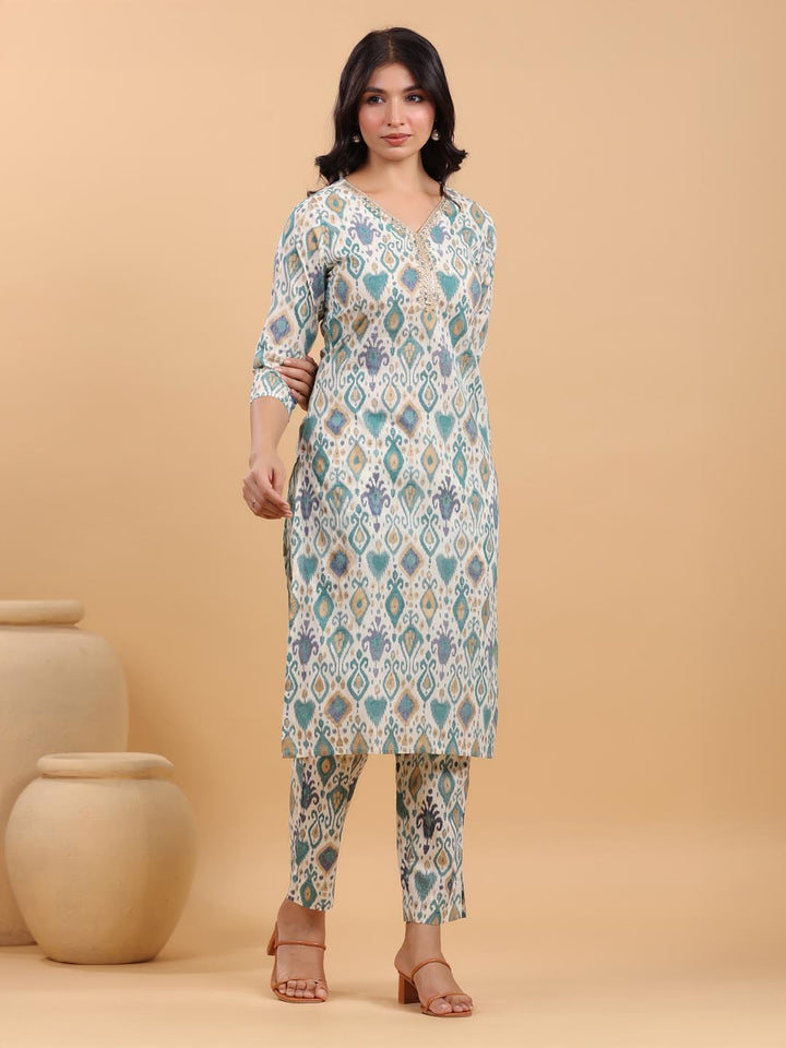 Off-White Cotton Ikkat Printed Kurta Set