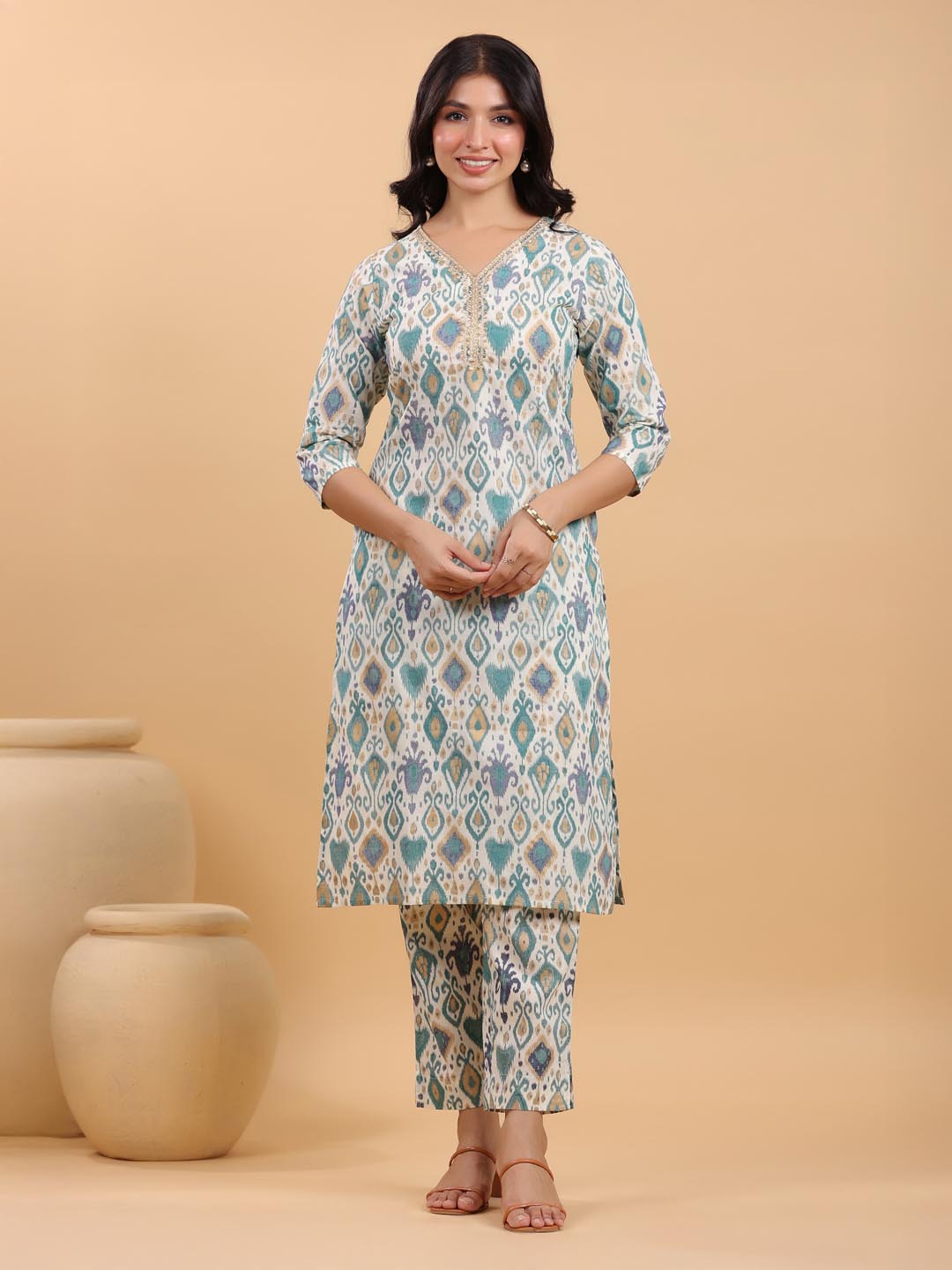 Off-White Cotton Ikkat Printed Kurta Set