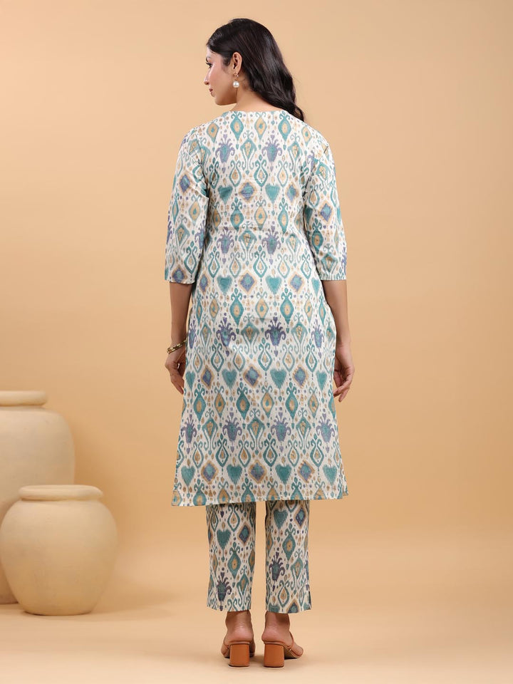 Off-White Cotton Ikkat Printed Kurta Set