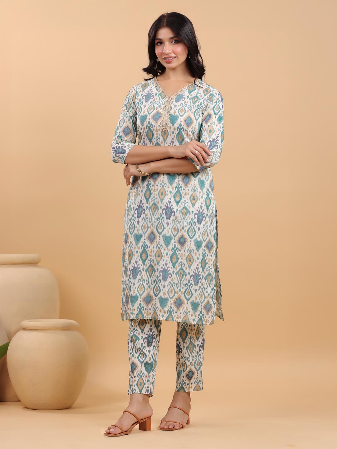 Off-White Cotton Ikkat Printed Kurta Set