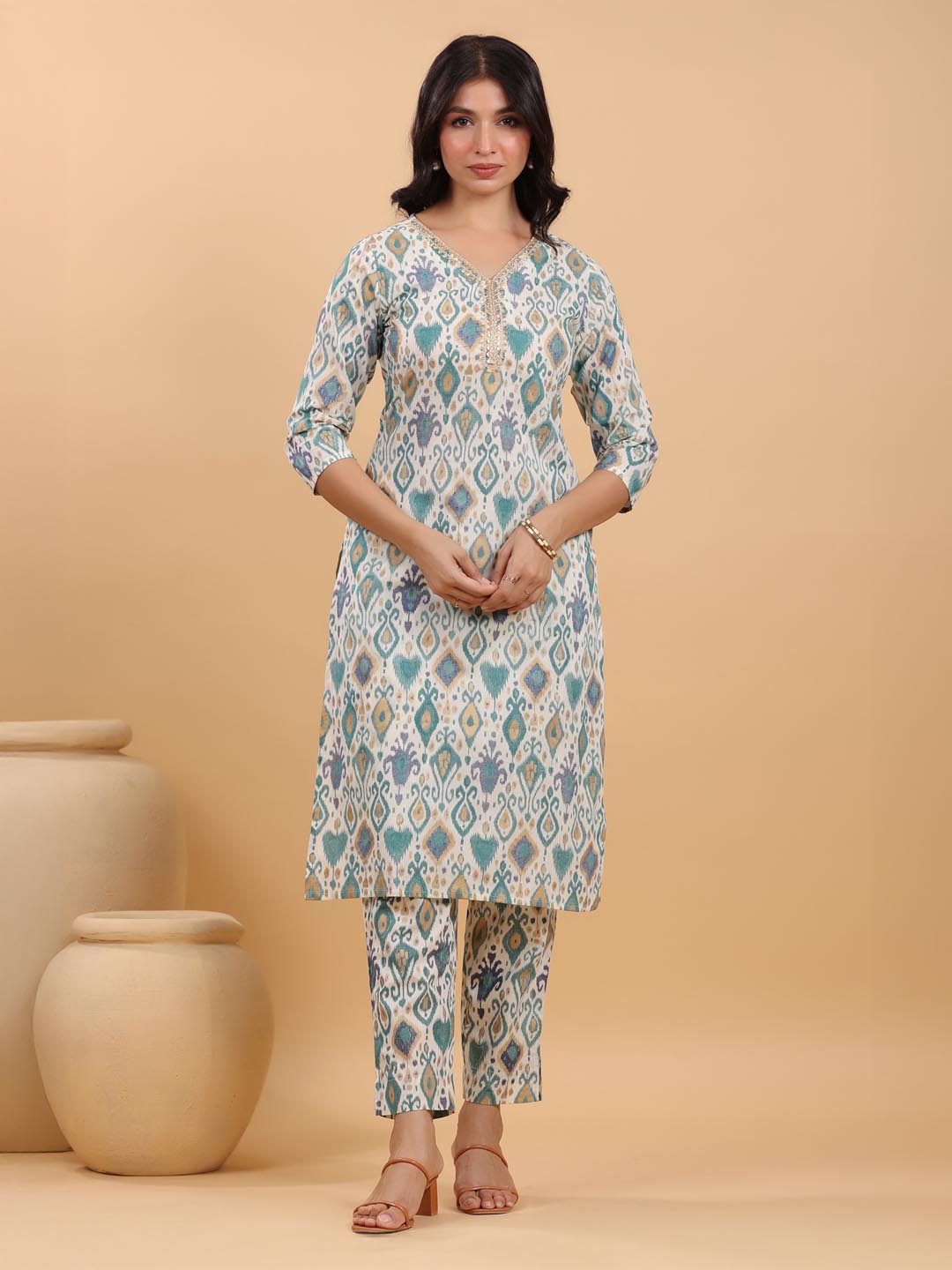 Off-White Cotton Ikkat Printed Kurta Set