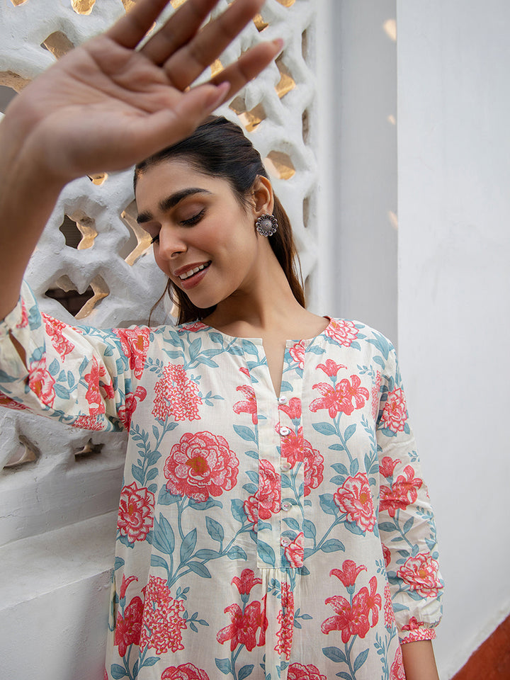 ZERESOUQ-Cream-Cotton-Floral-Printed-A-Line-Top