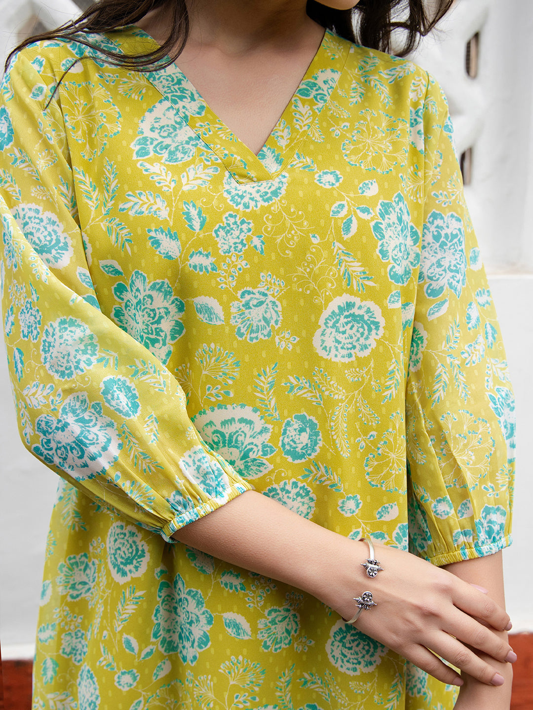 ZERESOUQ-Lime-Yellow-Georgette-Floral-Printed-V-Neck-Top