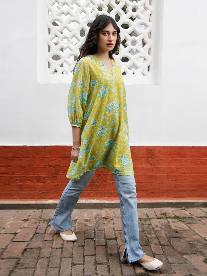 Lime-Yellow-Georgette-Floral-Printed-V-Neck-Top