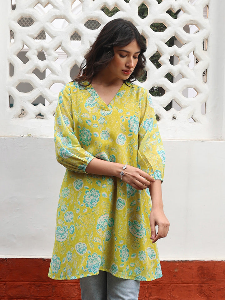 Lime-Yellow-Georgette-Floral-Printed-V-Neck-Top