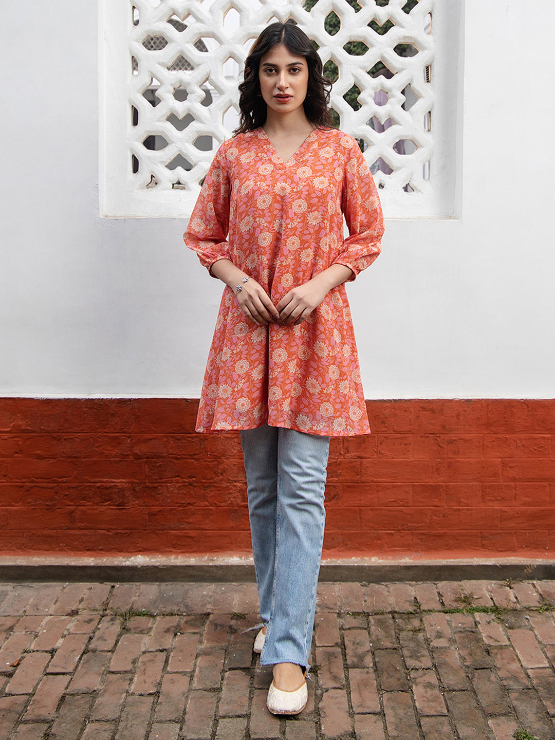 Orange-Georgette-Floral-Printed-V-Neck-Top