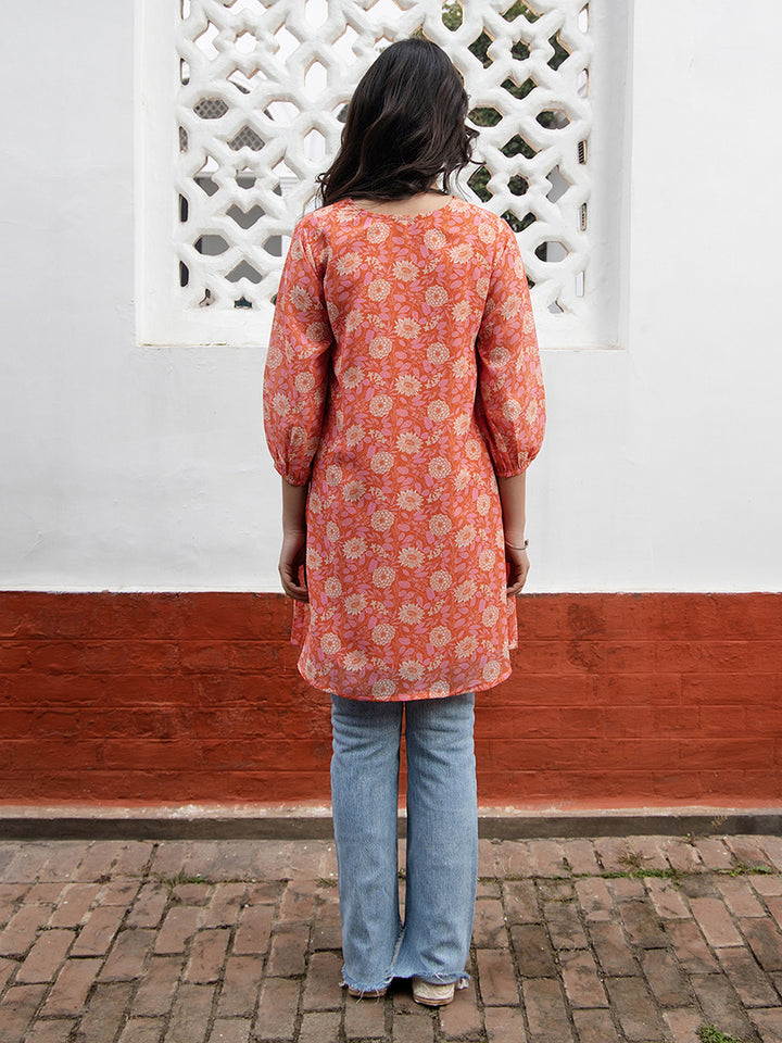 Orange-Georgette-Floral-Printed-V-Neck-Top