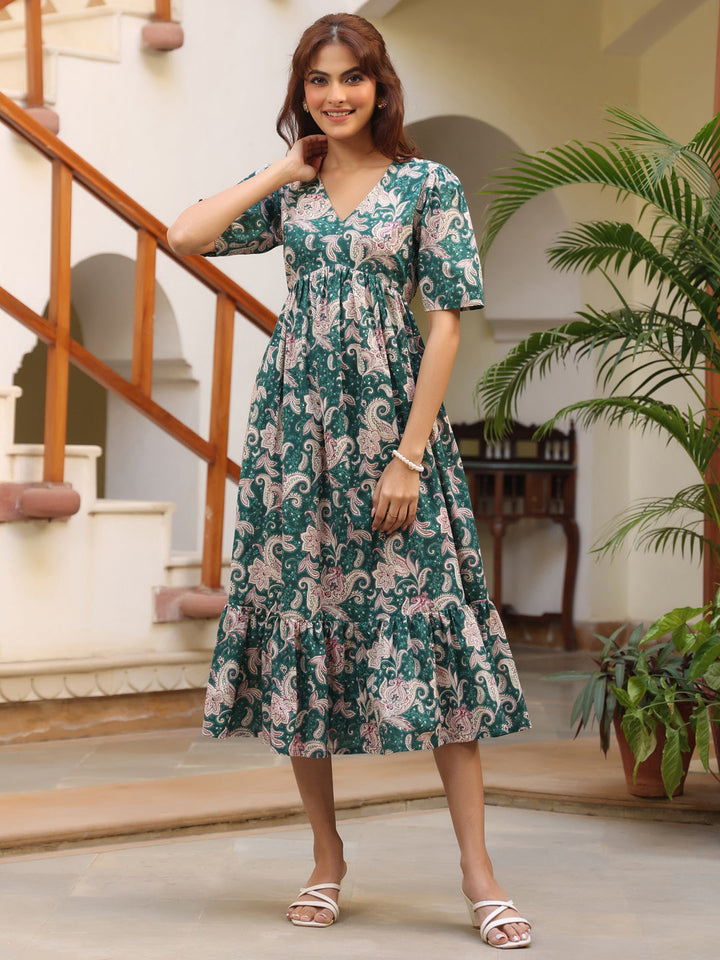 Green Pure Cotton Floral Printed Tiered Dress