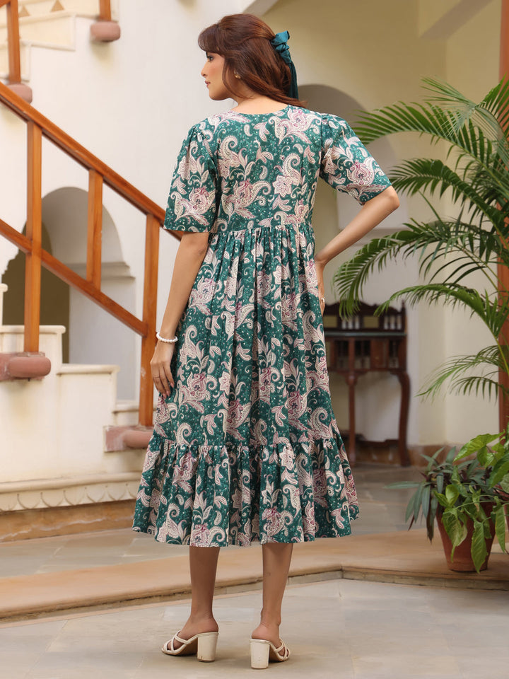 Green Pure Cotton Floral Printed Tiered Dress