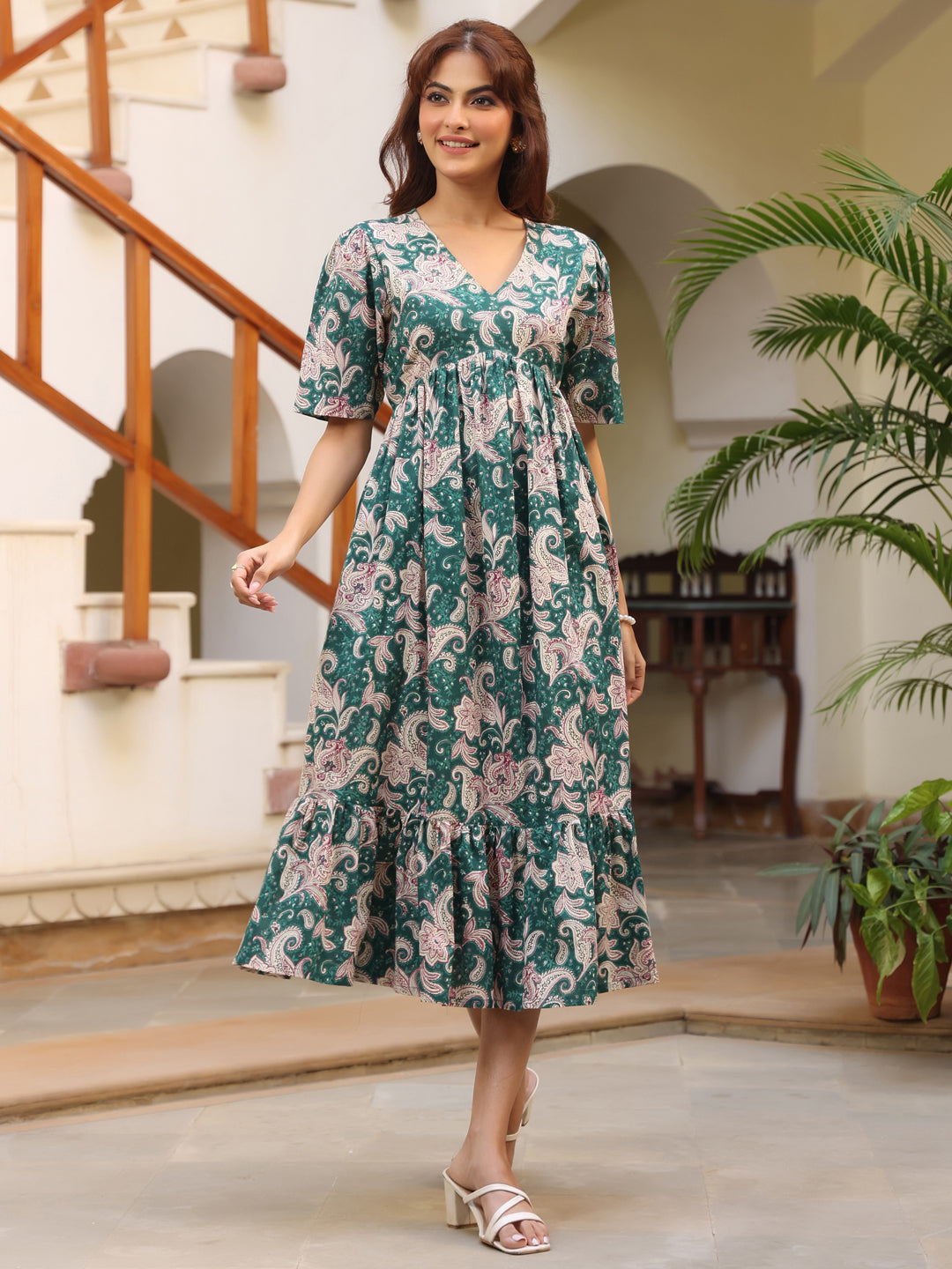 Green Pure Cotton Floral Printed Tiered Dress