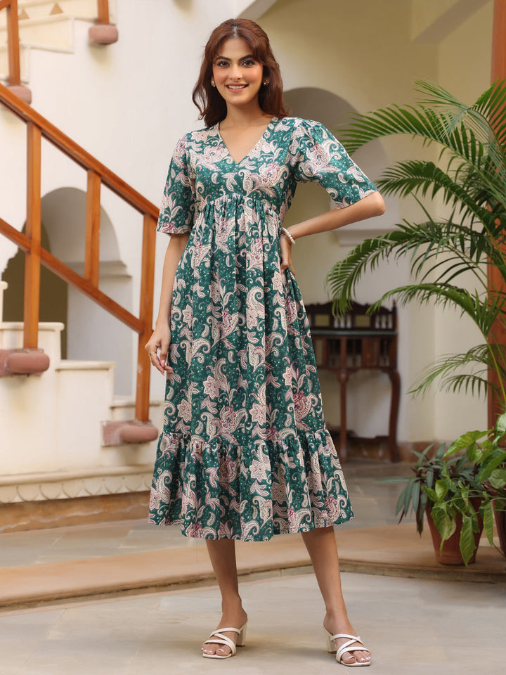 Green Pure Cotton Floral Printed Tiered Dress