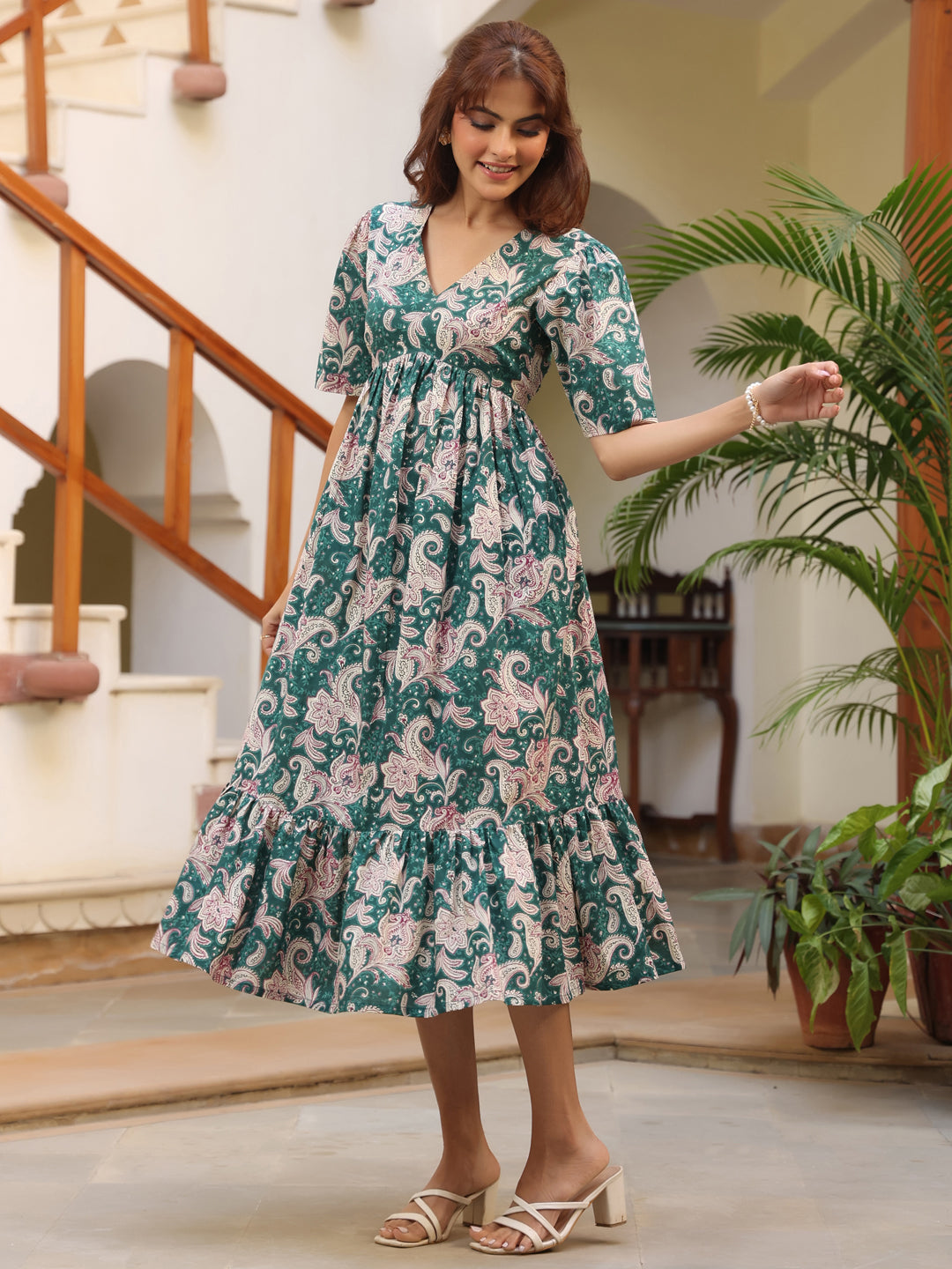 Green Pure Cotton Floral Printed Tiered Dress