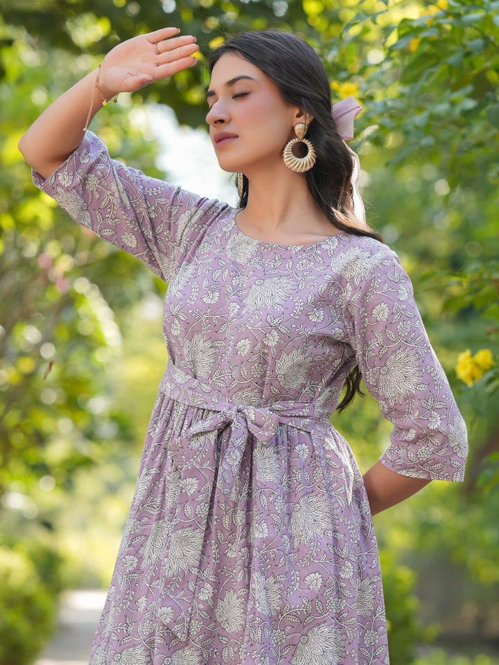 Lavender Cotton Floral Printed Tiered Dress