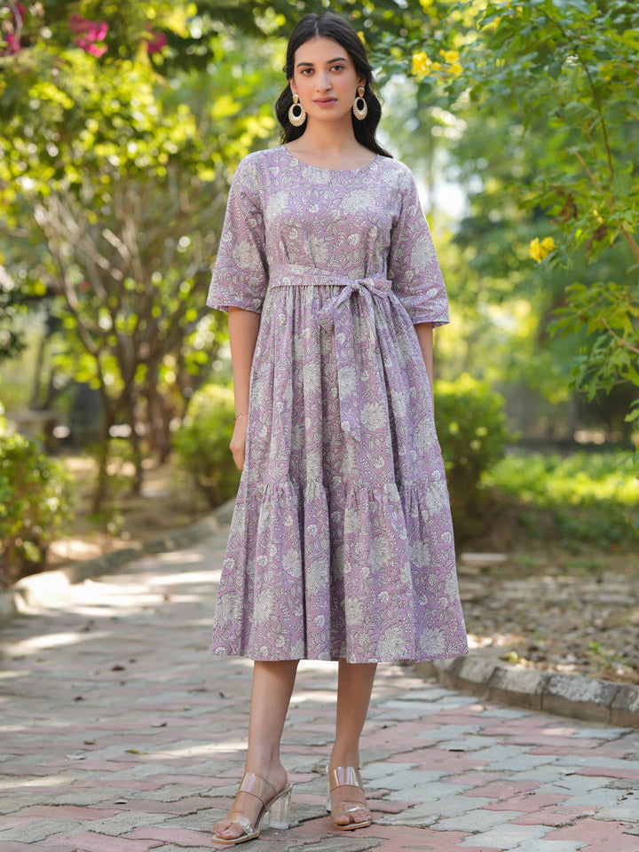 Lavender Cotton Floral Printed Tiered Dress