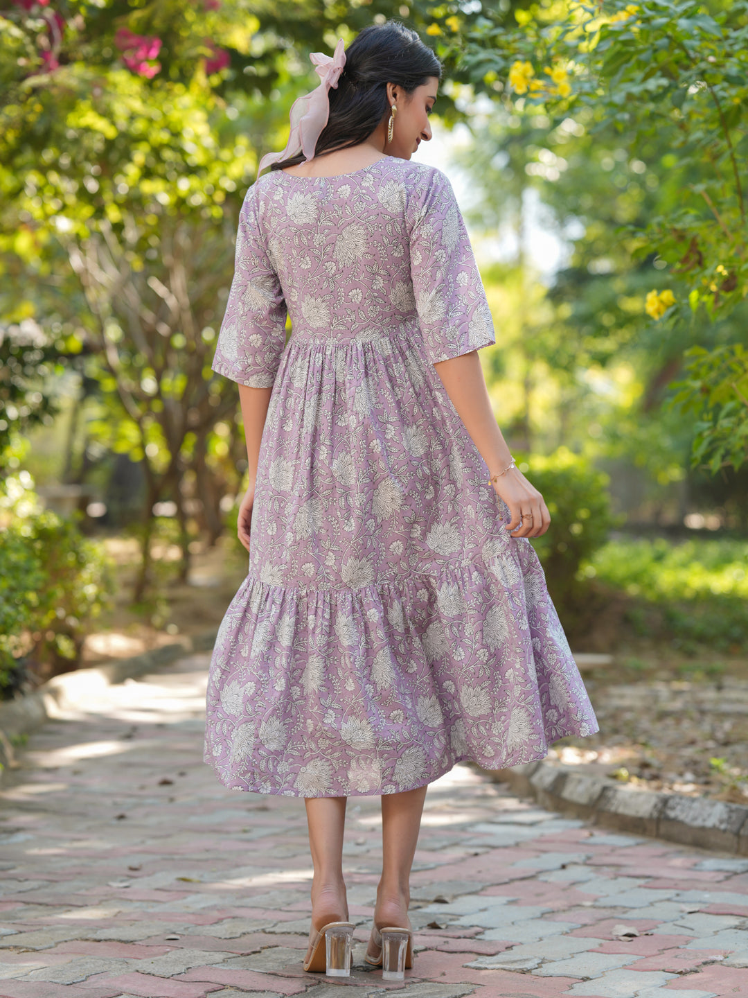 Lavender Cotton Floral Printed Tiered Dress