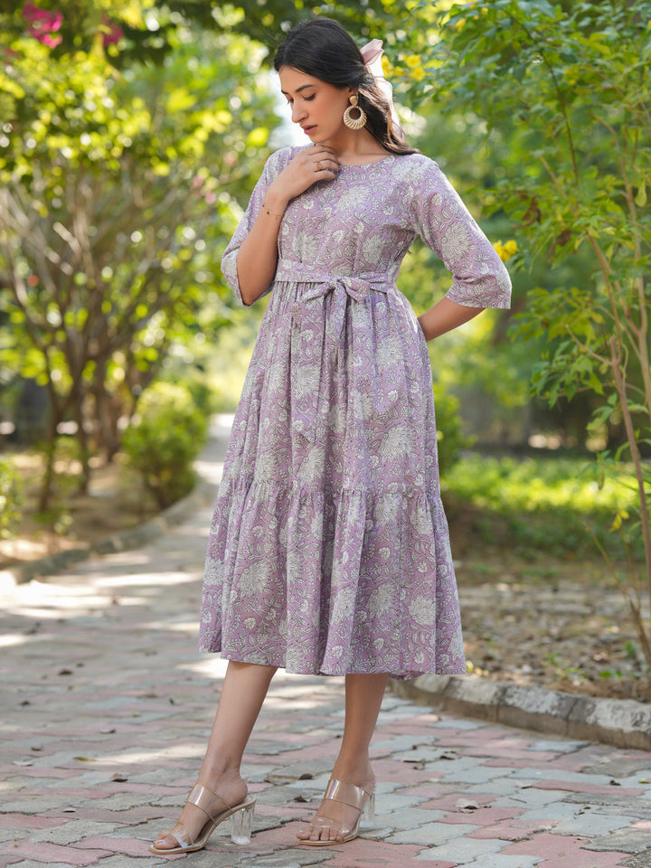 Lavender Cotton Floral Printed Tiered Dress