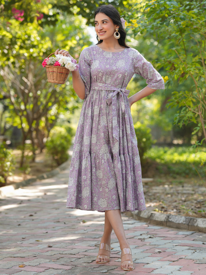 Lavender Cotton Floral Printed Tiered Dress