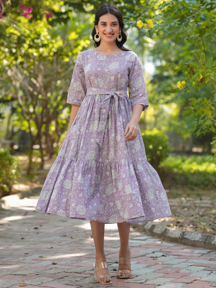 Lavender Cotton Floral Printed Tiered Dress