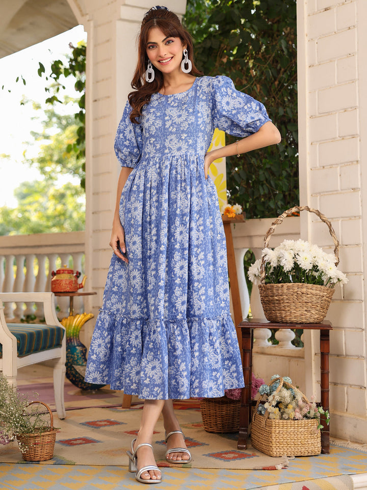 Blue Pure Cotton Floral-Printed Tiered Dress