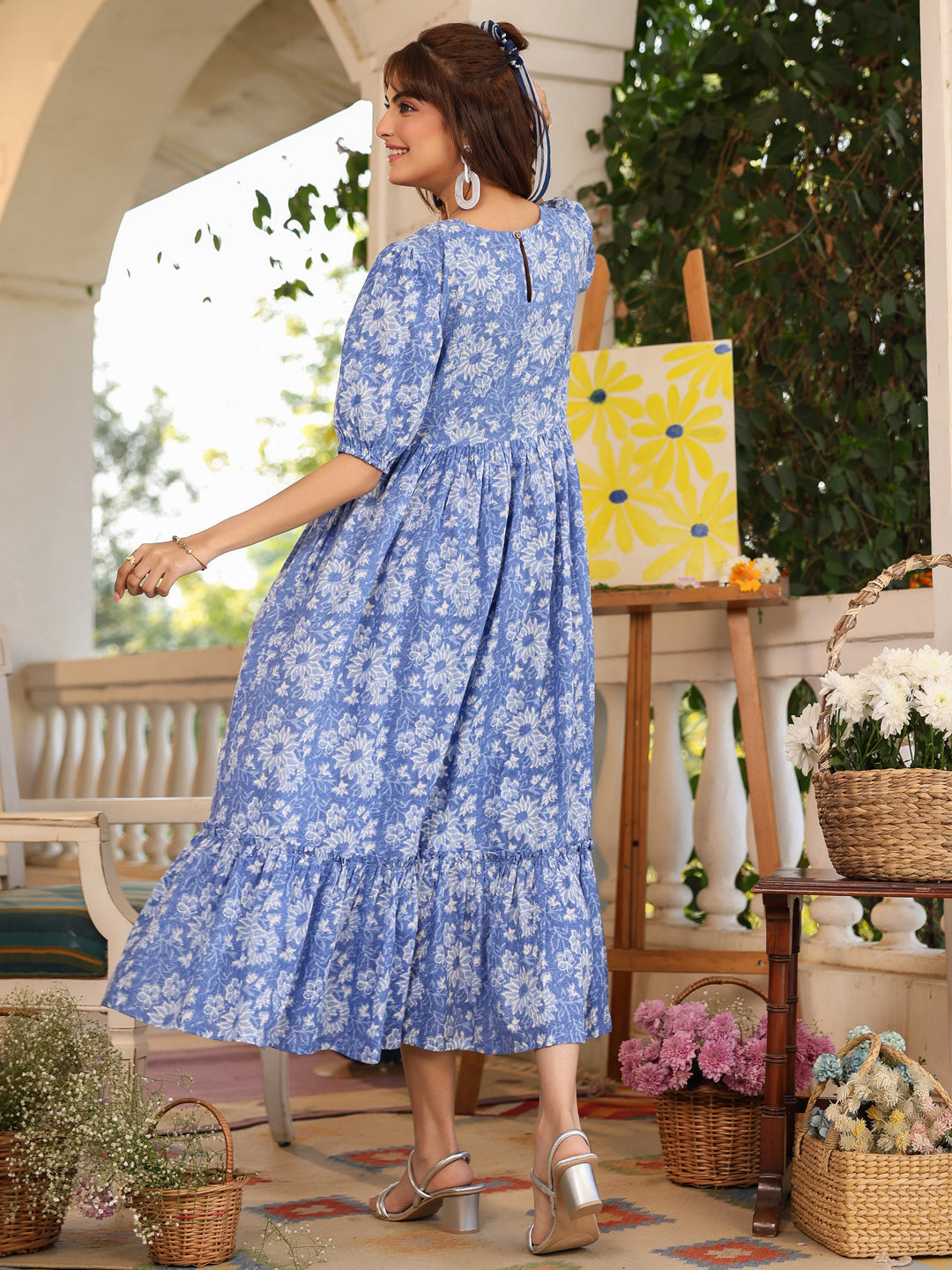 Blue Pure Cotton Floral-Printed Tiered Dress