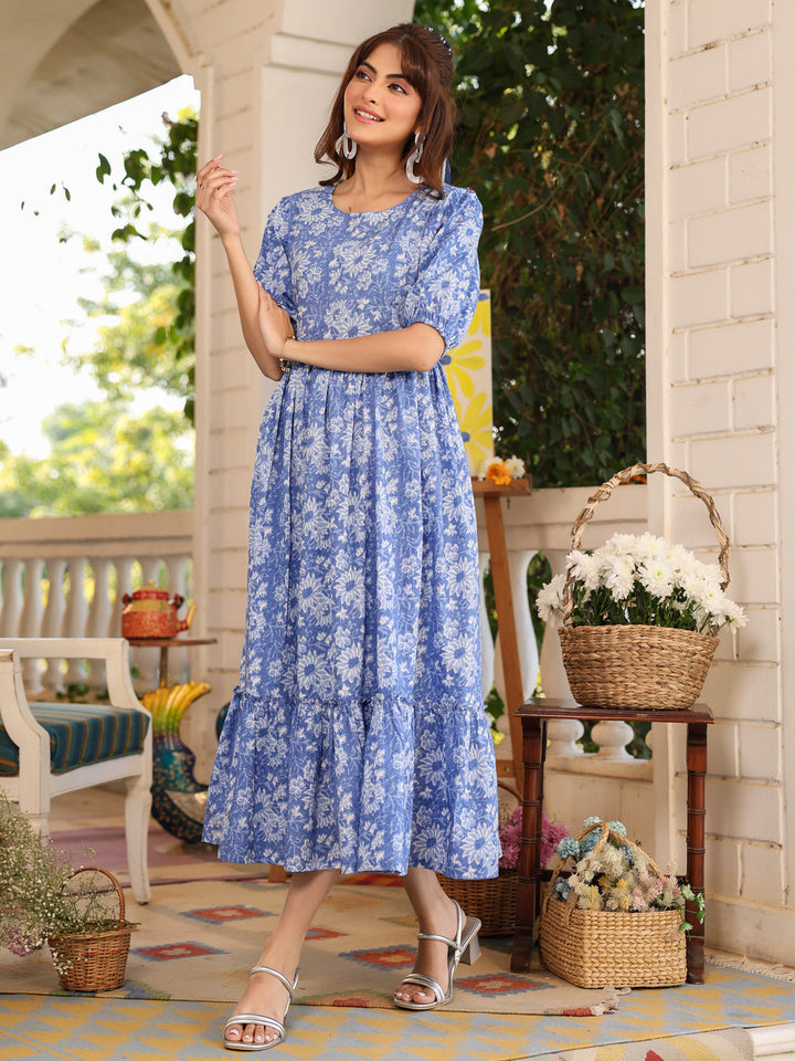 Blue Pure Cotton Floral-Printed Tiered Dress