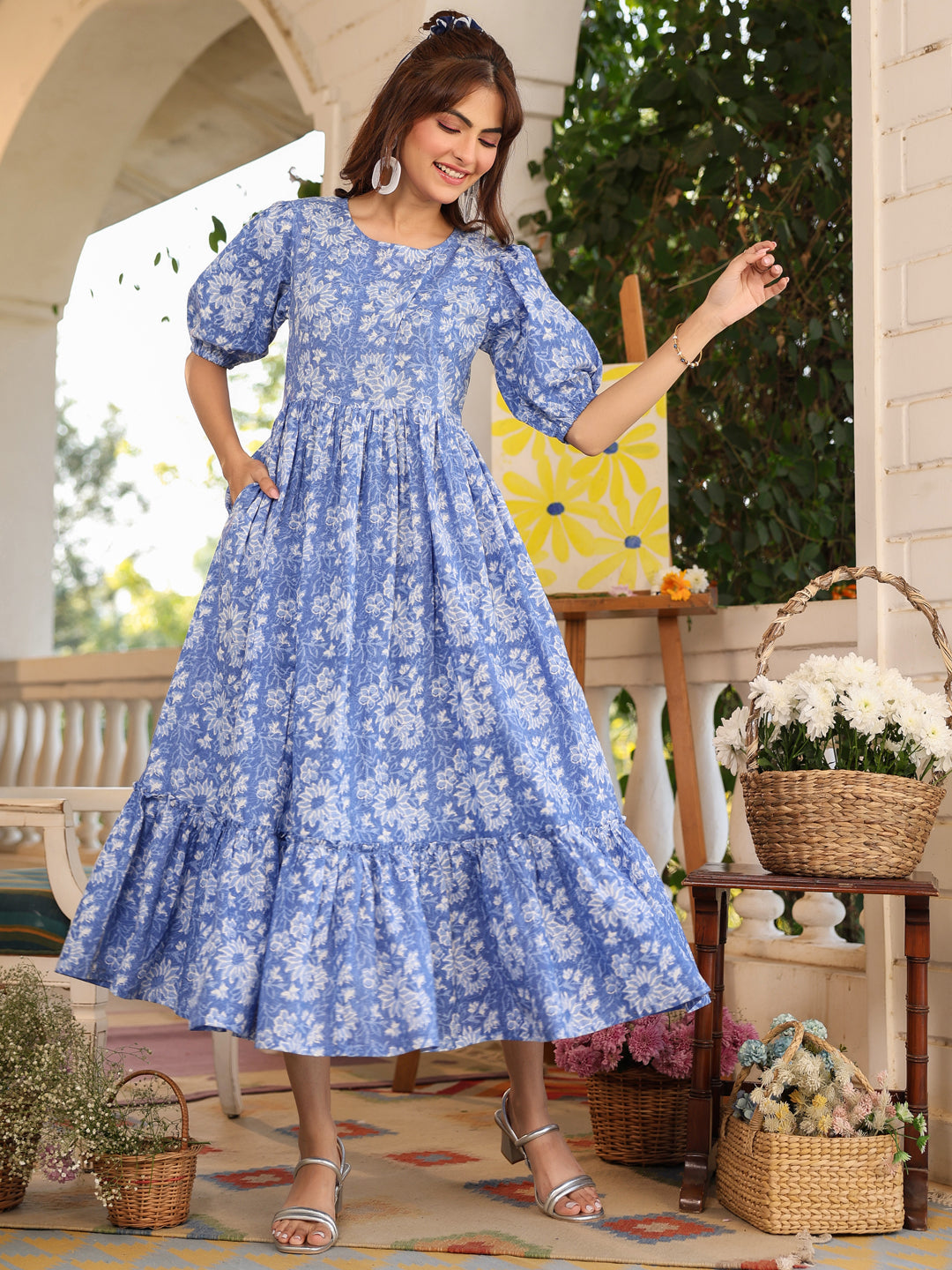 Blue Pure Cotton Floral-Printed Tiered Dress