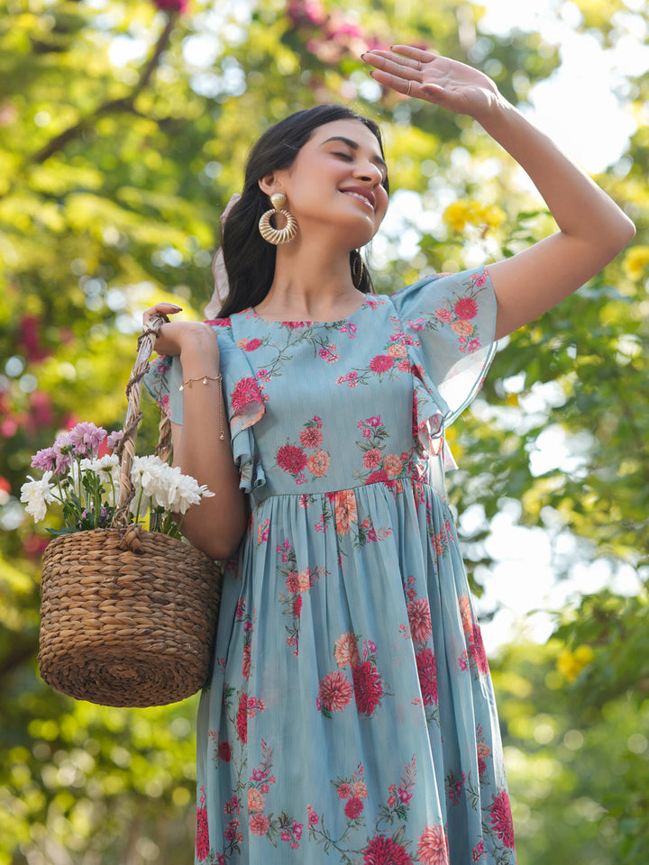 Blue Georgette Floral Printed A-Line Dress