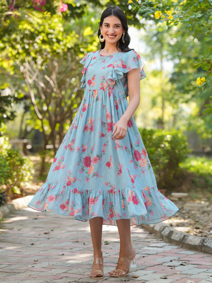 Blue Georgette Floral Printed A-Line Dress