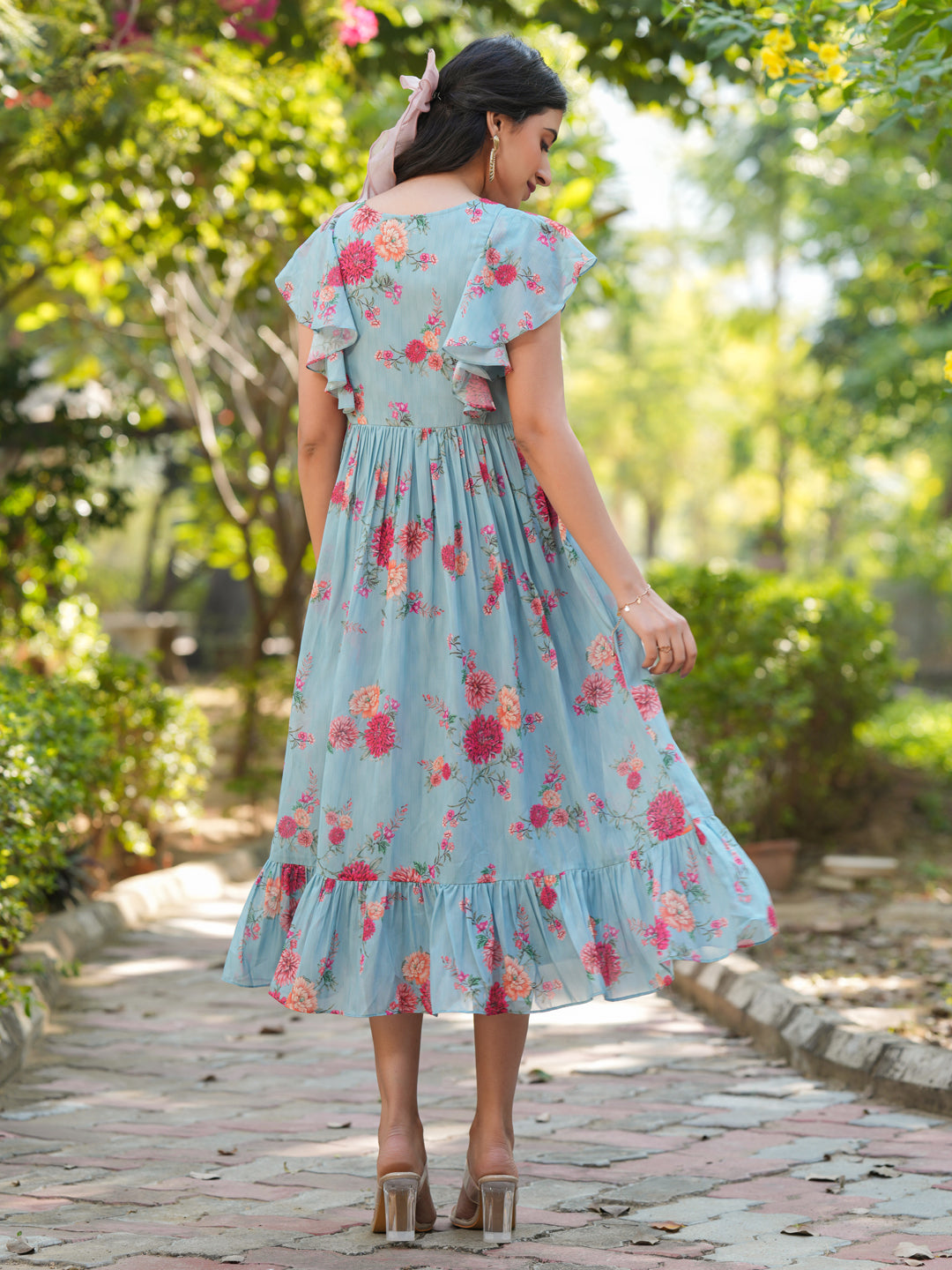 Blue Georgette Floral Printed A-Line Dress