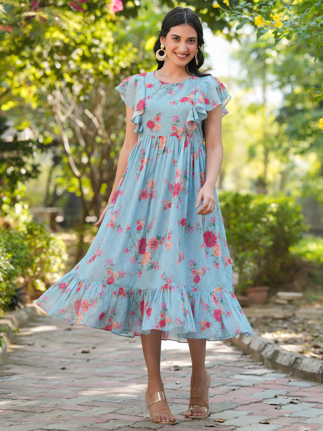 Blue Georgette Floral Printed A-Line Dress