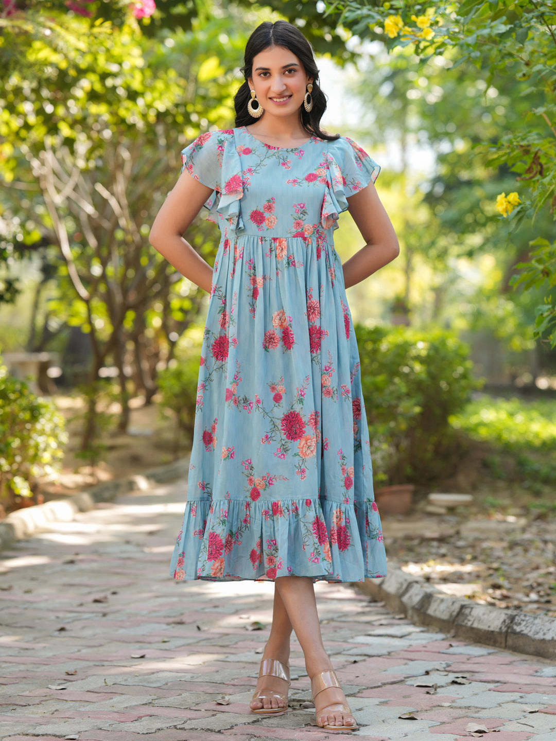 Blue Georgette Floral Printed A-Line Dress