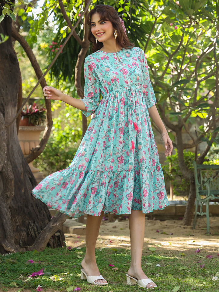 Turquoise Georgette Floral Printed A-Line Dress