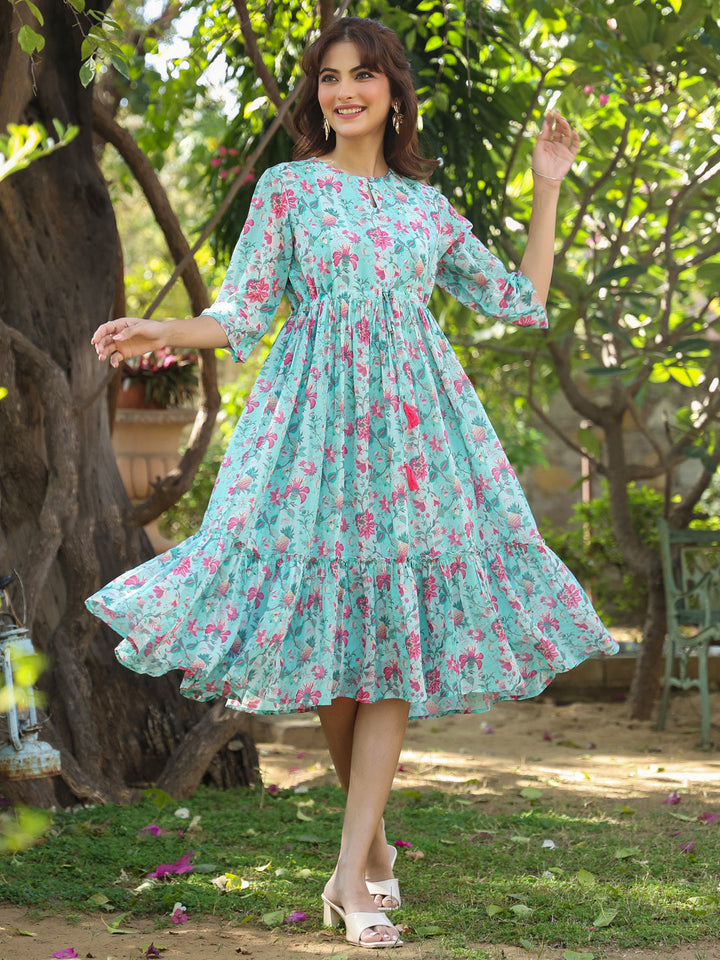 Turquoise Georgette Floral Printed A-Line Dress