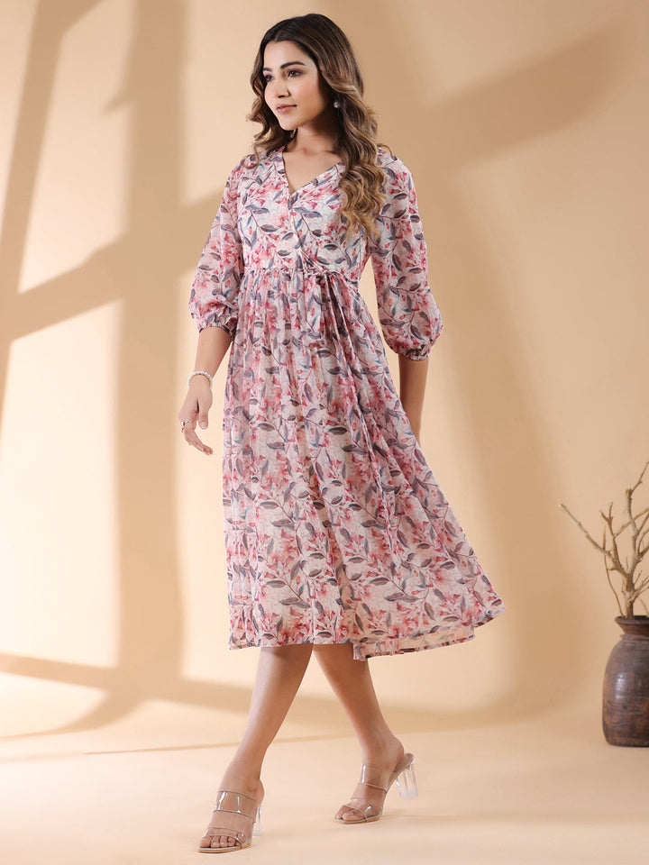 Cream Georgette Wrap Dress with Floral Prints