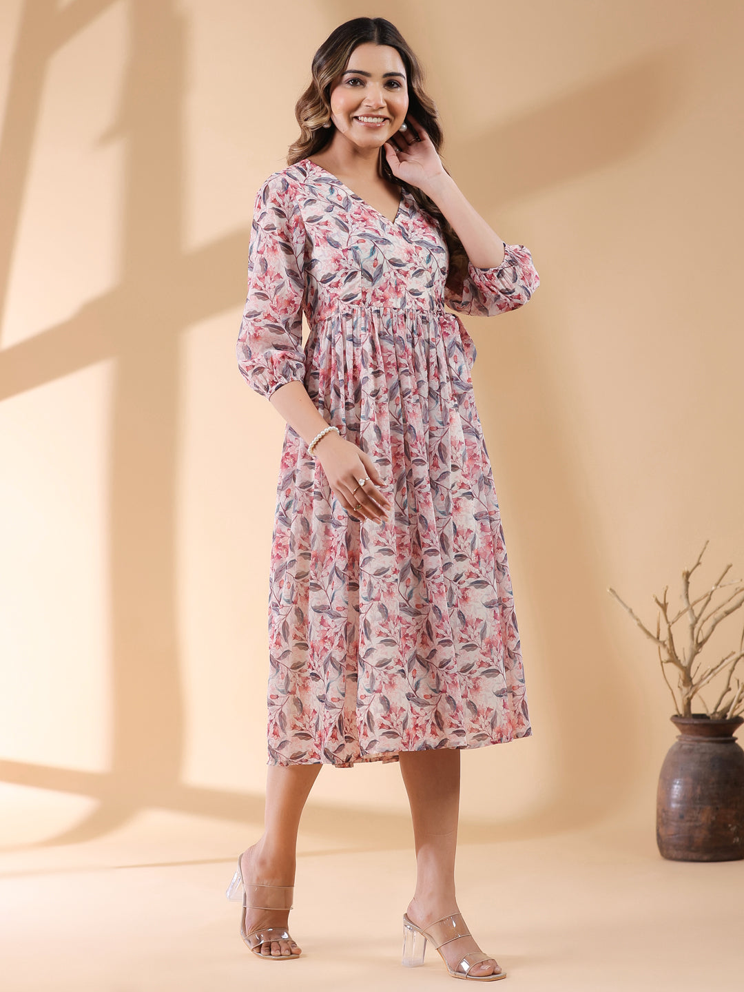 Cream Georgette Wrap Dress with Floral Prints