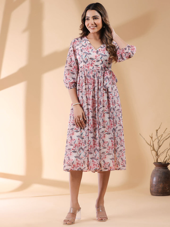 Cream Georgette Wrap Dress with Floral Prints