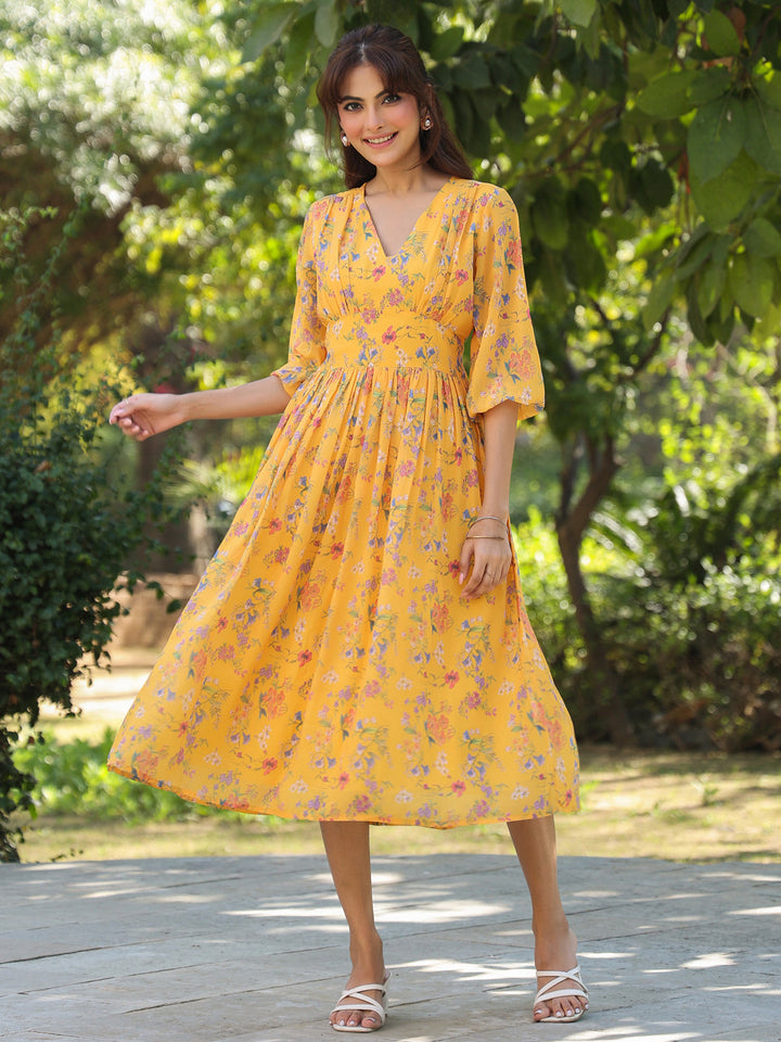 Mustard Georgette Floral Printed Gathered Dress