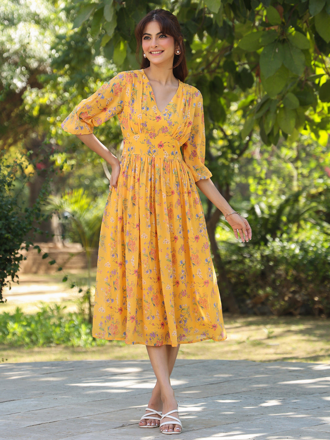 Mustard Georgette Floral Printed Gathered Dress