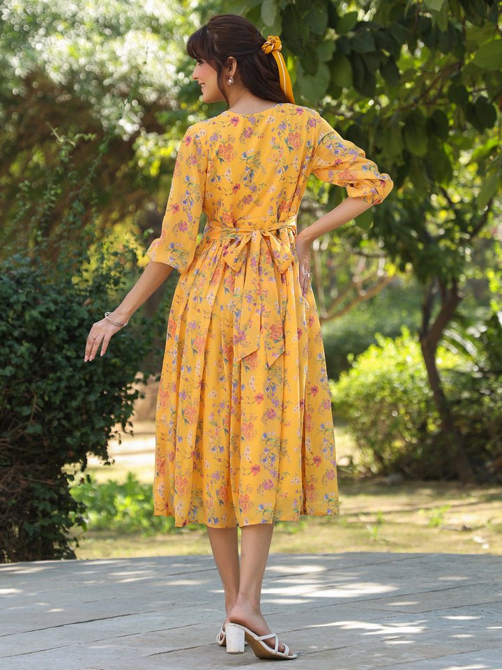 Mustard Georgette Floral Printed Gathered Dress