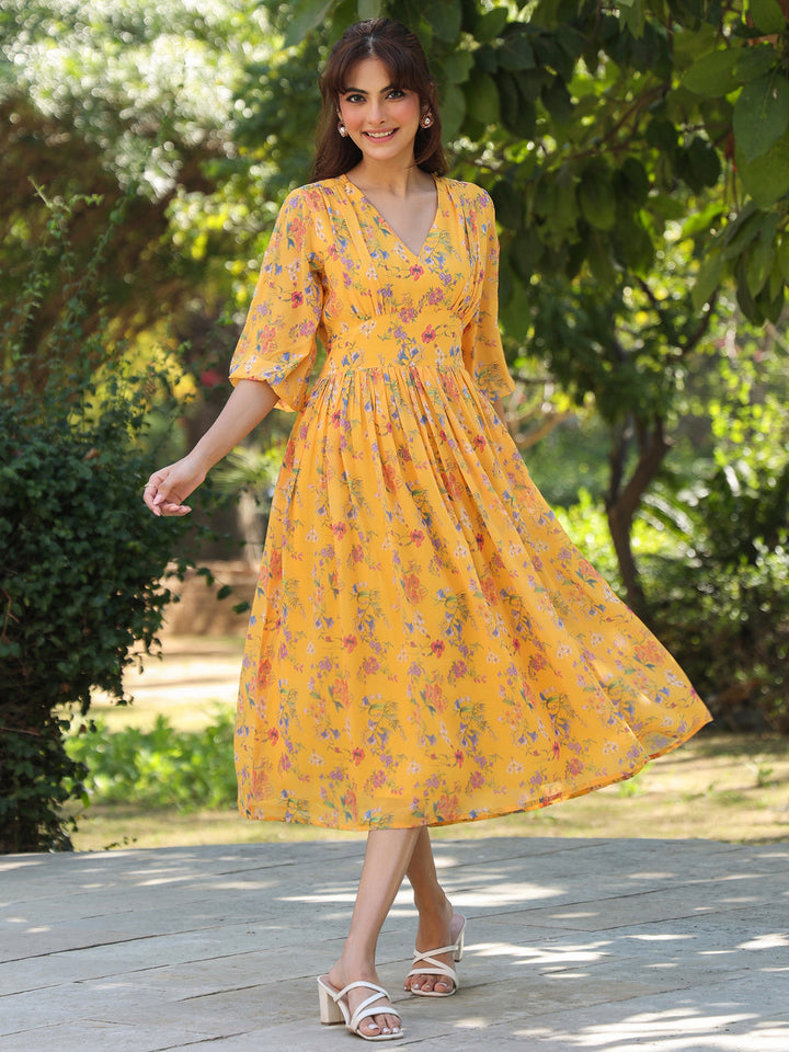 Mustard Georgette Floral Printed Gathered Dress