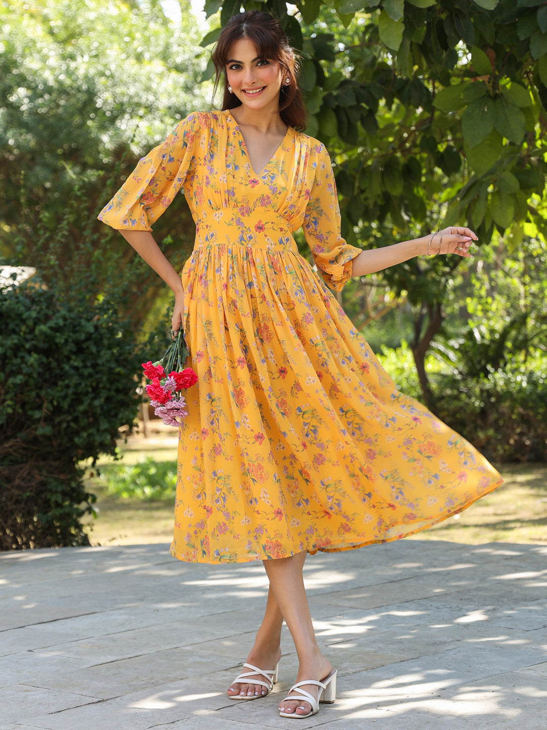 Mustard Georgette Floral Printed Gathered Dress