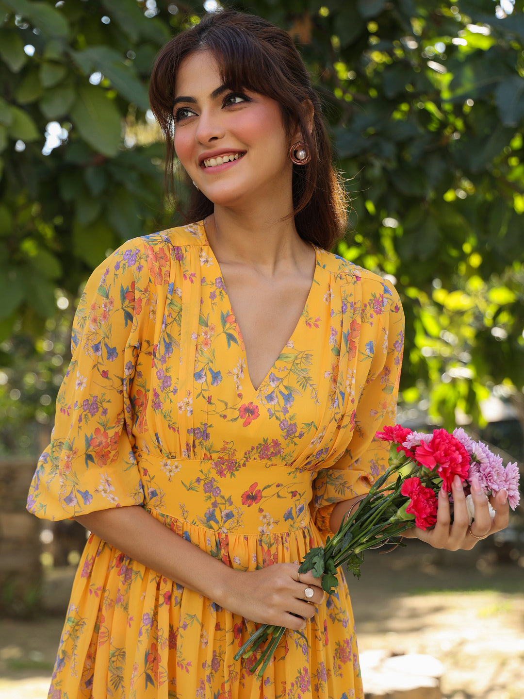 Mustard Georgette Floral Printed Gathered Dress