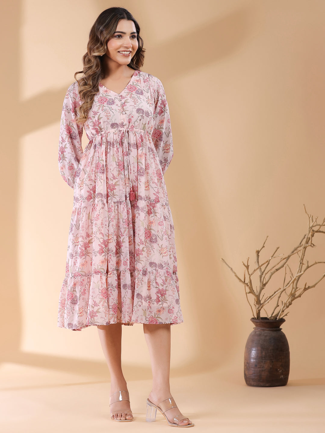 Pink Georgette Floral Printed Tiered Dress