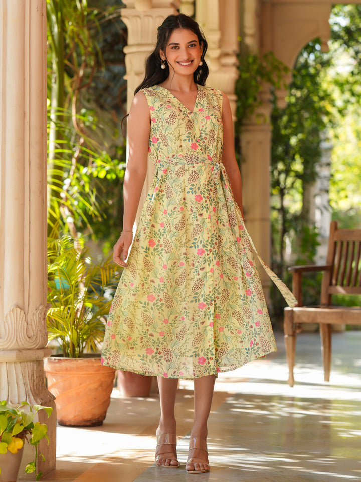 Light Green Georgette Floral Print A-Line Sleeveless Dress